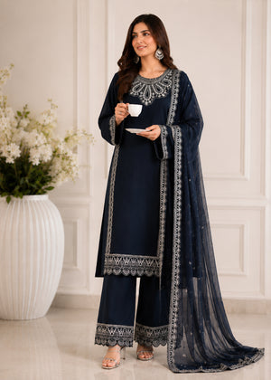 Embroidered Navy Blue Crepe Kurta Set with Chiffon Dupatta