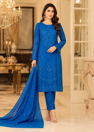 Blue Embroidered Kurta Set with Dupatta & Trousers