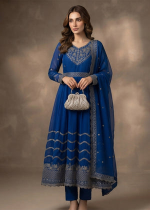 Royal Blue Embroidered Anarkali Maxi Dress with Dupatta