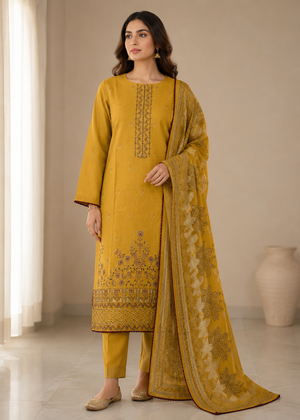 Mustard Embroidered Cotton Kurta Set with Lawn Dupatta