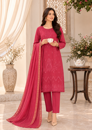 Hot Pink Embroidered Cotton Kurta Set with Lawn Dupatta