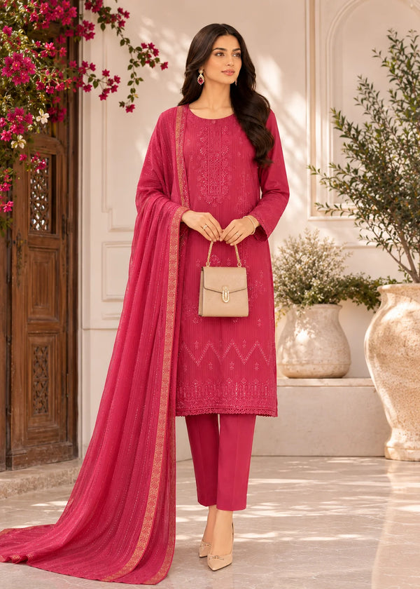 Hot Pink Embroidered Cotton Kurta Set with Lawn Dupatta