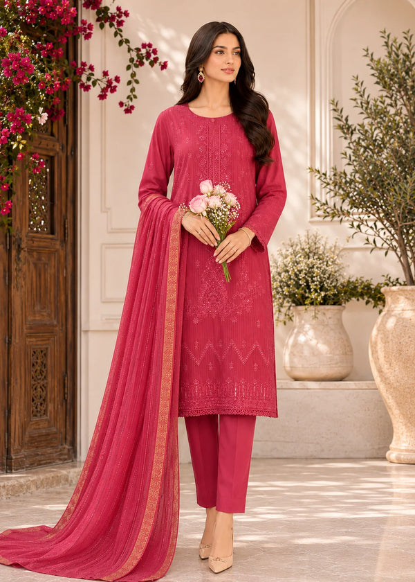 Hot Pink Embroidered Cotton Kurta Set with Lawn Dupatta