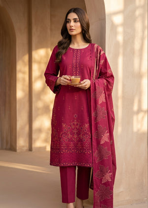 Burgundy Embroidered Cotton Kurta Set with Printed Dupatta