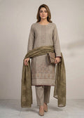 Embroidered Khaki Brown Cotton Kurta Set with Printed Lawn Dupatta