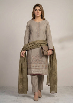 Embroidered Khaki Brown Cotton Kurta Set with Printed Lawn Dupatta