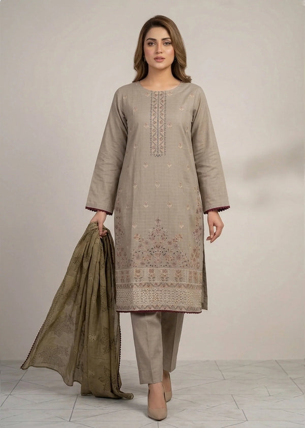 Embroidered Khaki Brown Cotton Kurta Set with Printed Lawn Dupatta