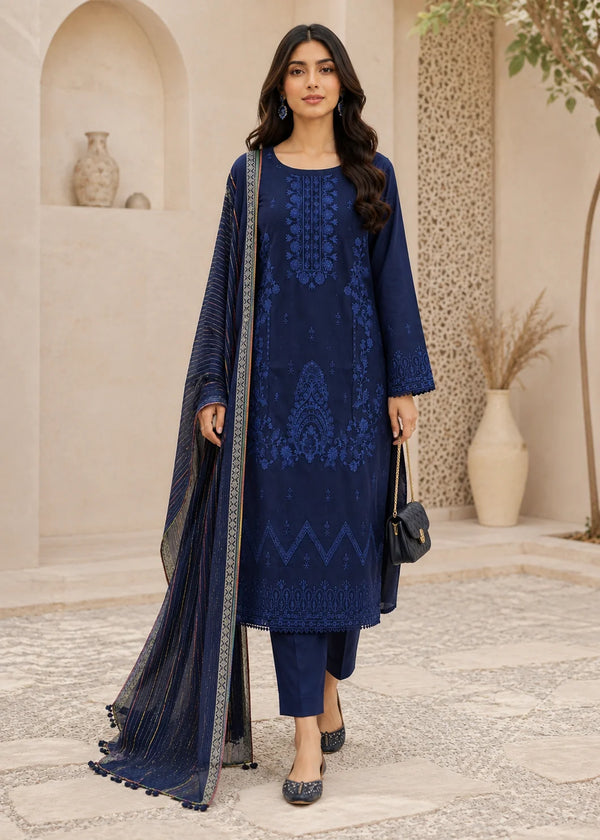 Navy Blue Embroidered Lawn Kurta Set with Striped Dupatta