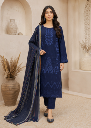 Navy Blue Embroidered Lawn Kurta Set with Striped Dupatta