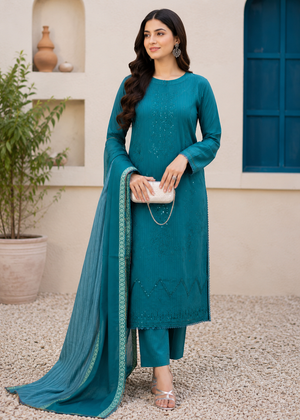 Elegant Teal Embroidered Kurta Set with Cotton Voile Dupatta