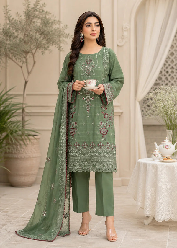 Embroidered Olive Green Lawn Kurta Set with Dupatta
