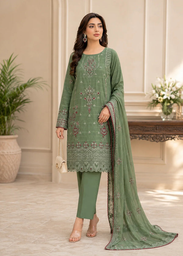 Embroidered Olive Green Lawn Kurta Set with Dupatta