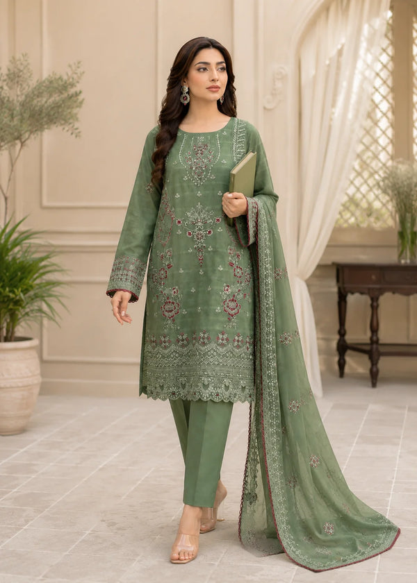 Embroidered Olive Green Lawn Kurta Set with Dupatta