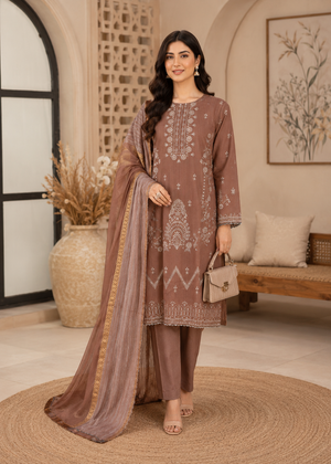 Embroidered Coffee Brown Cotton Kurta Set with Dupatta