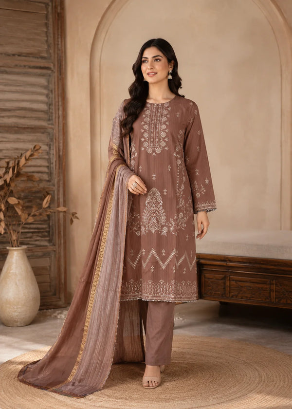 Embroidered Coffee Brown Cotton Kurta Set with Dupatta