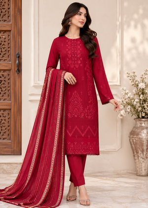 Maroon Embroidered Cotton Kurta Set with Lawn Dupatta