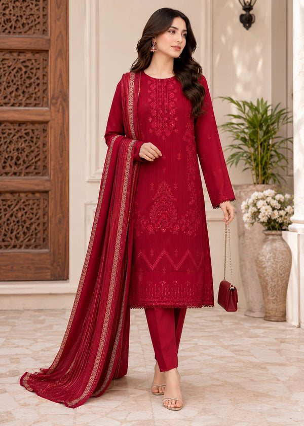 Maroon Embroidered Cotton Kurta Set with Lawn Dupatta
