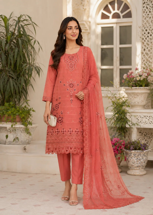 Coral Orange Embroidered Cambric Kurta Set with Chiffon Dupatta