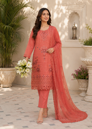 Coral Orange Embroidered Cambric Kurta Set with Chiffon Dupatta