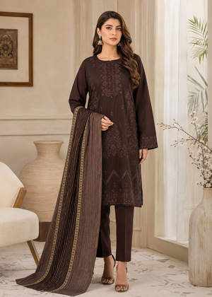 Dark Brown Embroidered Cotton Kurta Set with Striped Lawn Dupatta