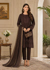 Dark Brown Embroidered Cotton Kurta Set with Striped Lawn Dupatta