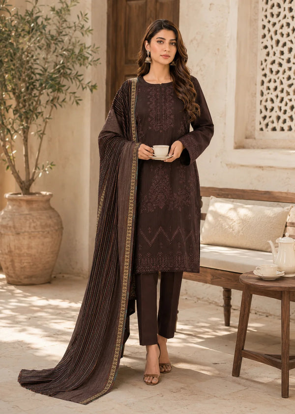 Dark Brown Embroidered Cotton Kurta Set with Striped Lawn Dupatta