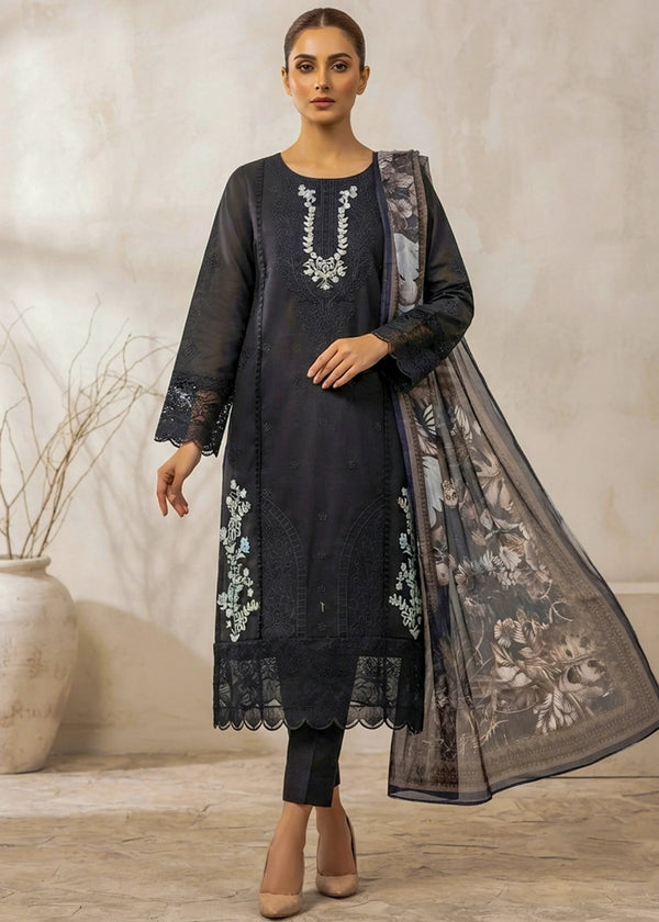 Black Embroidered Cotton Kurta Set with Digital Print net Dupatta