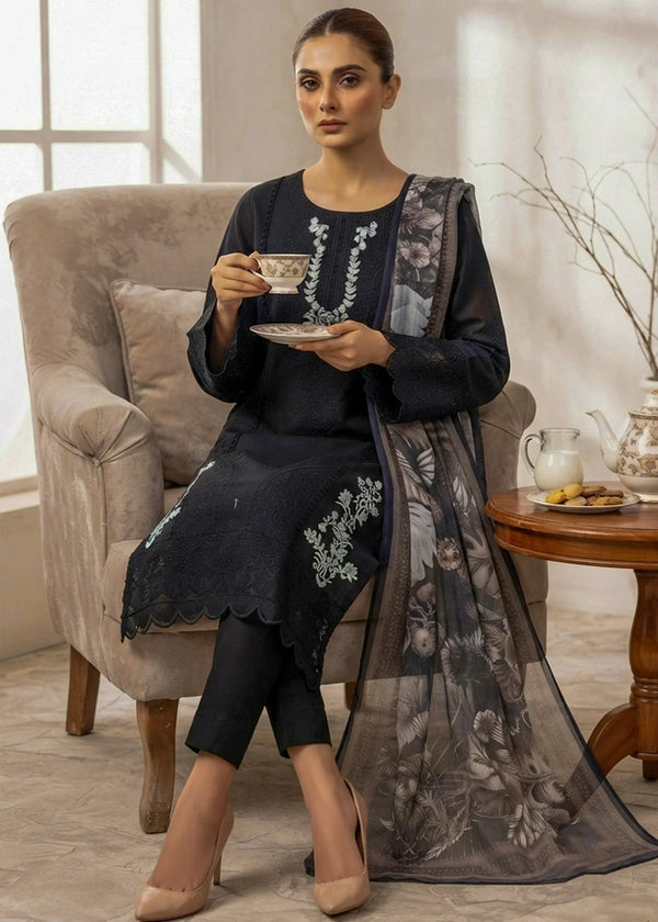Black Embroidered Cotton Kurta Set with Digital Print net Dupatta