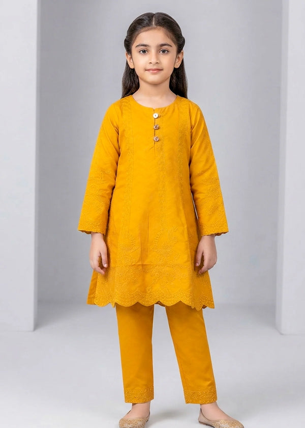 Girls Mustard Embroidered Kurta Set with Trousers