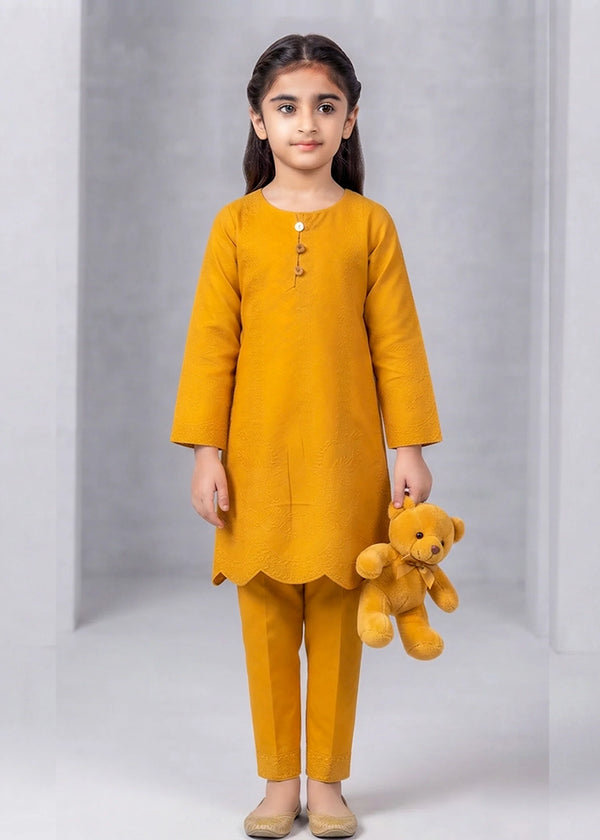 Girls Mustard Embroidered Kurta Set with Trousers