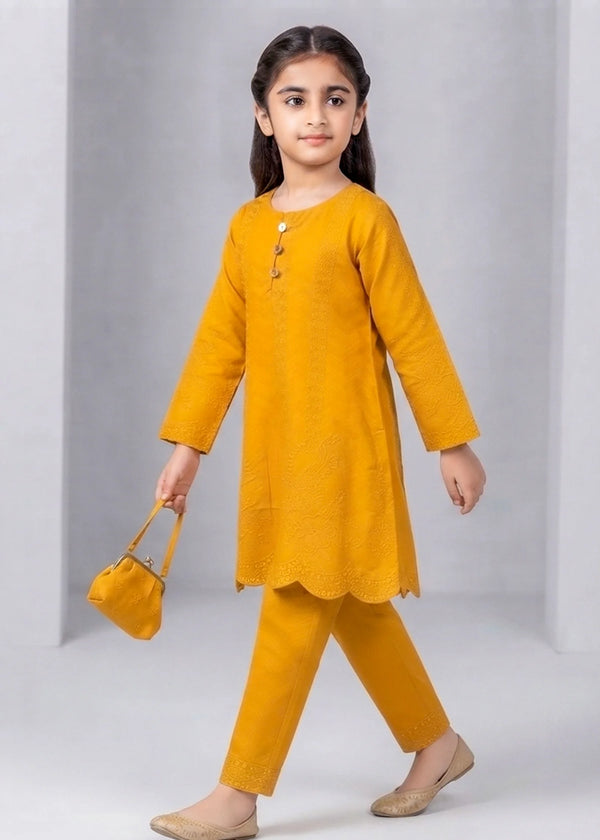 Girls Mustard Embroidered Kurta Set with Trousers