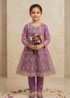 Girls Lavender Embroidered Organza Flared Short Frock with Raw Silk Trousers