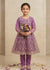 Girls Lavender Embroidered Organza Flared Short Frock with Raw Silk Trousers