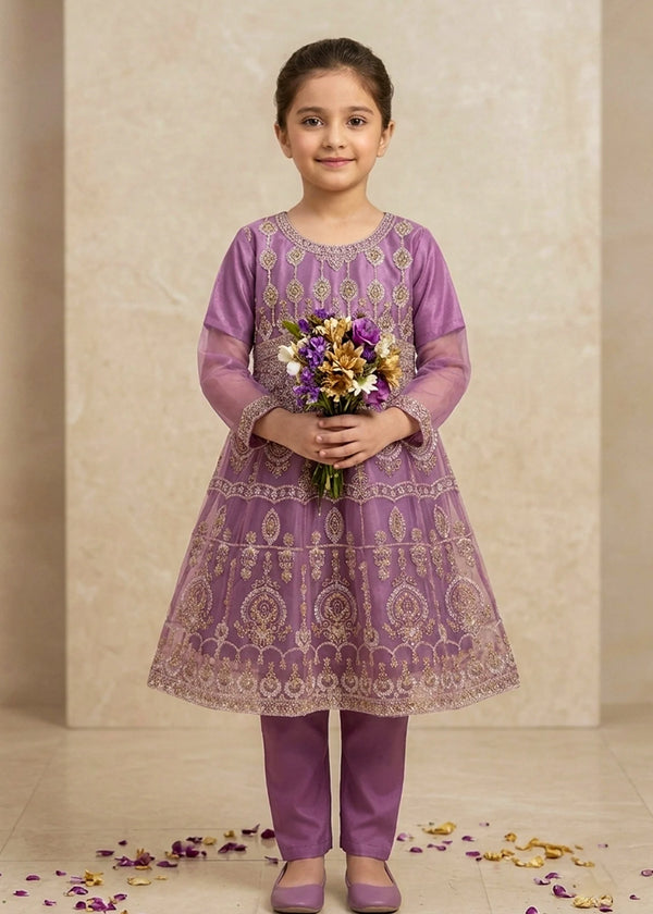 Girls Lavender Embroidered Organza Flared Short Frock with Raw Silk Trousers