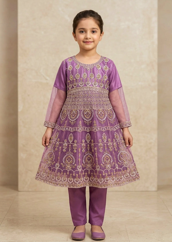 Girls Lavender Embroidered Organza Flared Short Frock with Raw Silk Trousers