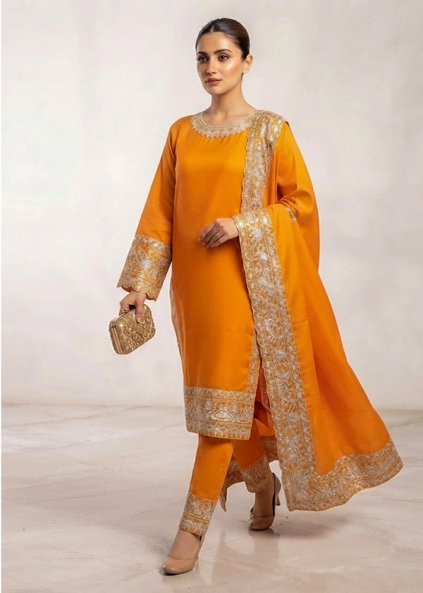 Amber Muse – Orange Luxury Embroidered Chiffon 3PC Set with Embroidered Dupatta & Silk Trouser