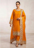Amber Muse – Orange Luxury Embroidered Chiffon 3PC Set with Embroidered Dupatta & Silk Trouser