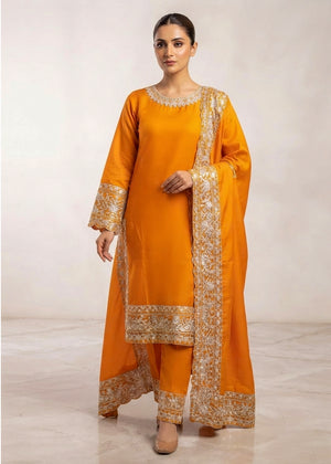 Amber Muse – Orange Luxury Embroidered Chiffon 3PC Set with Embroidered Dupatta & Silk Trouser