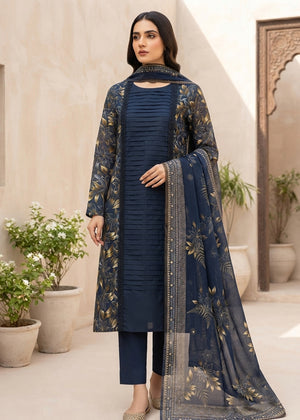 navy blue Printed Lawn Kurta Set with Dupatta