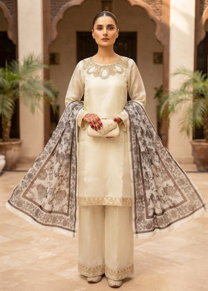 Cream Embroidered Raw Silk Kurta Set with Printed Dupatta