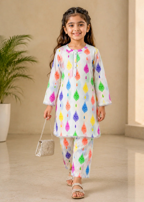 Kids White Multi-Color Printed Slub Lawn Cotton Set