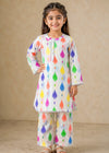 Kids White Multi-Color Printed Slub Lawn Cotton Set