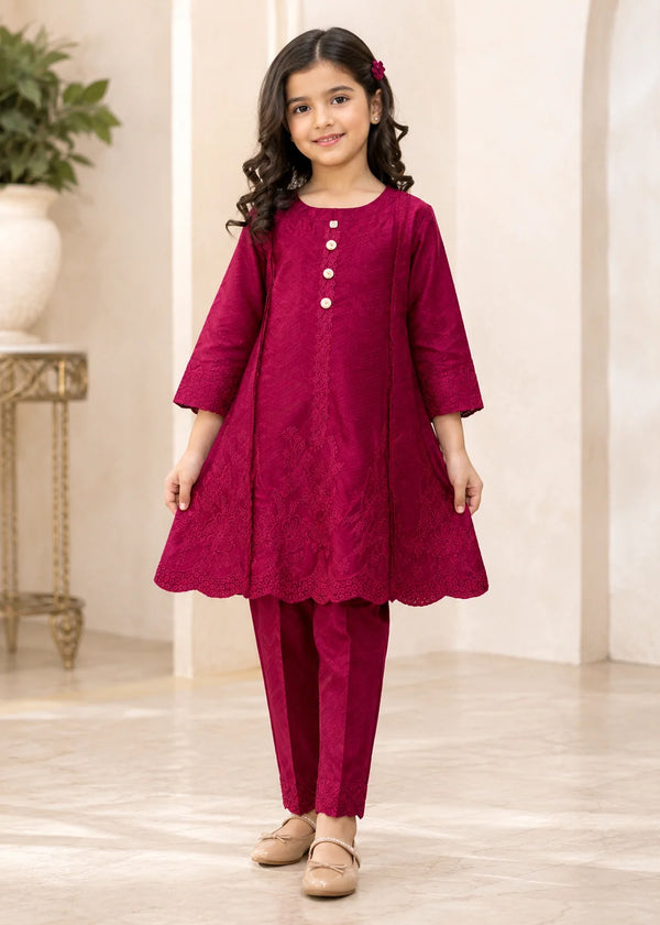 Girls Maroon EmbroideredShort Frock with Trousers