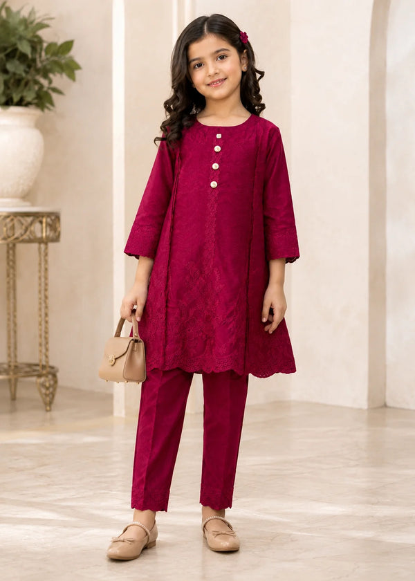 Girls Maroon EmbroideredShort Frock with Trousers
