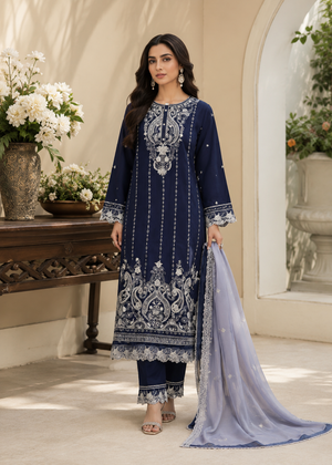 Blue Chiffon Embroidered Kurta Set – 3 PC
