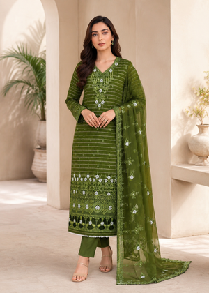Olive Royale – Olive Premium Embroidered Linen 3PC Suit with Chiffon Dupatta