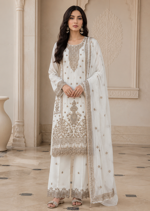 White – Festive Embroidered Chiffon 3PC Dress