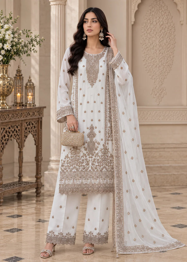 White – Festive Embroidered Chiffon 3PC Dress
