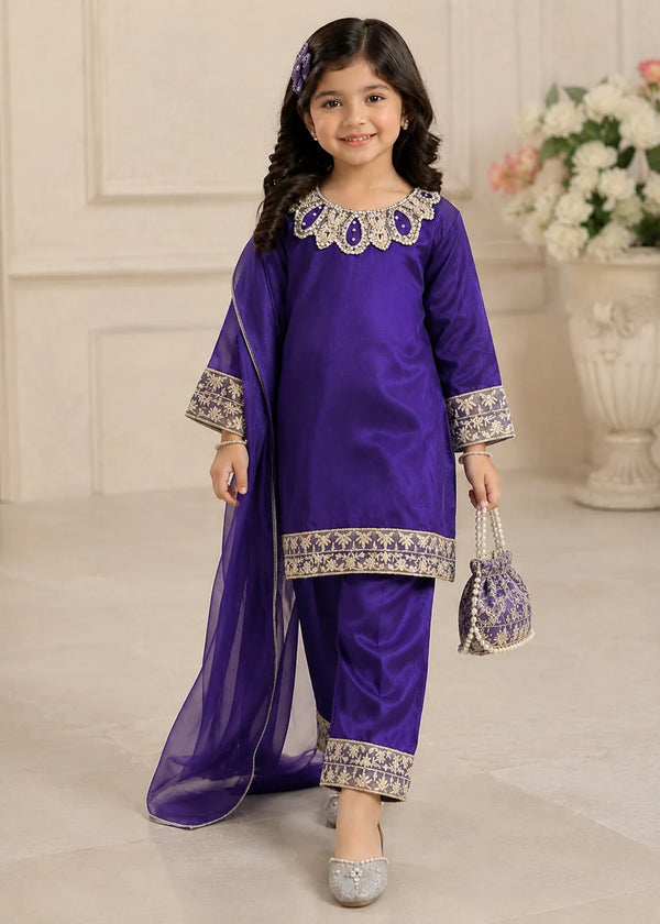 Purple Premium Silk Kids 3PC Dress