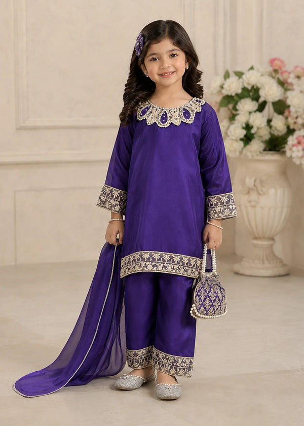 Purple Premium Silk Kids 3PC Dress